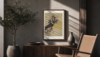 Flamenco dancer with flowers in hair poster framed above a fluted sideboard beside an olive tree