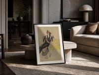 Flamenco dancer with flowers in hair print in a black frame leaning on a travertine table in a sunlit lounge