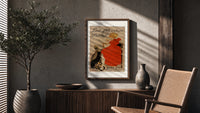 Girl in red dress drinking from bowl poster framed above a fluted sideboard beside an olive tree