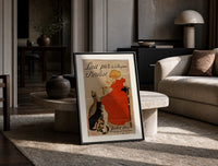 Girl in red dress drinking from bowl print in a black frame leaning on a travertine table in a sunlit lounge