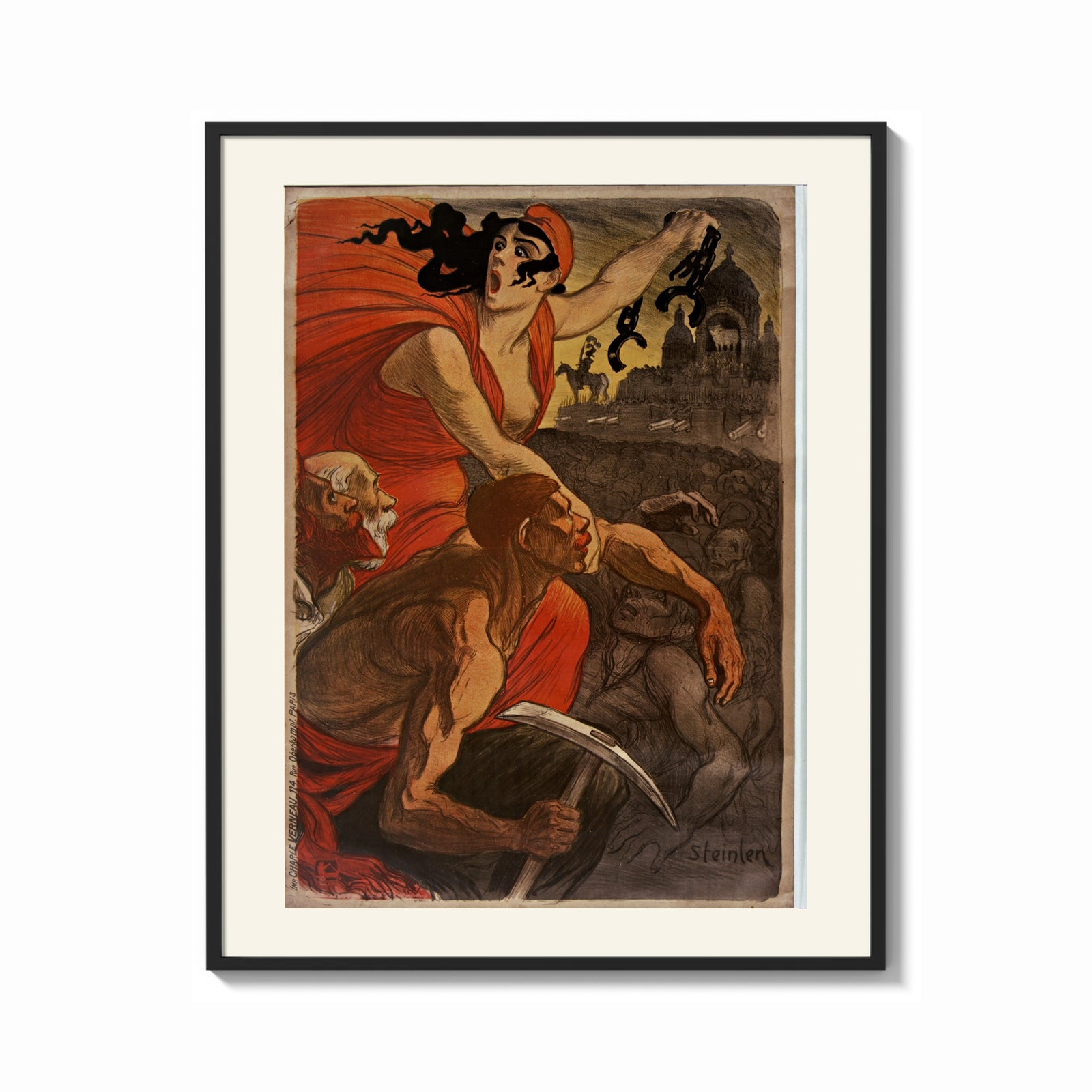 Framed Woman leading revolutionaries with red flag print shown as a bold statement piece on a clean gallery wall