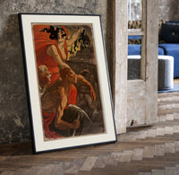Woman leading revolutionaries with red flag print in a black frame leaning beside a vintage door on parquet
