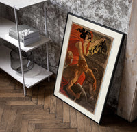 Woman leading revolutionaries with red flag poster in a black frame leaning beside a shelf in a raw-plaster loft