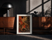 Black-framed Woman leading revolutionaries with red flag print on a moody console with designer coffee-table books