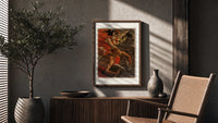 Woman leading revolutionaries with red flag poster framed above a fluted sideboard beside an olive tree