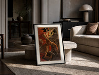 Woman leading revolutionaries with red flag print in a black frame leaning on a travertine table in a sunlit lounge