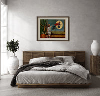 Child watching witch fly past window print in a dark wood frame above a rattan bed on a plaster wall
