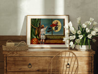 Child watching witch fly past window print in an oak frame on a farmhouse dresser beside white tulips