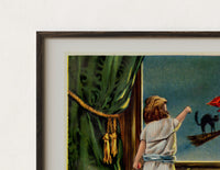 Close-up of the Child watching witch fly past window print's dark wood frame corner and archival matte paper