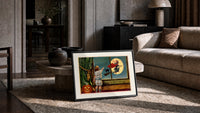 Child watching witch fly past window print in a slim black frame leaning on a travertine coffee table