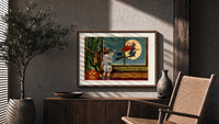 Child watching witch fly past window print in a wood frame above a fluted sideboard beside an olive tree