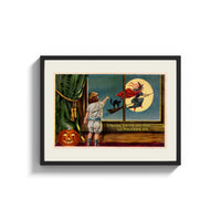 Framed Child watching witch fly past window print shown as a wide statement piece on a clean white wall