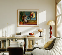 Child watching witch fly past window print in an oak frame above a mid-century book console with a vintage radio