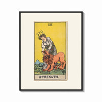 Framed Woman taming a lion print shown as a bold statement piece on a clean gallery wall