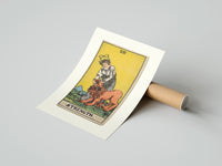 Rolled Woman taming a lion poster beside its crush-resistant kraft shipping tube