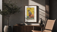 Woman taming a lion poster framed above a fluted sideboard beside an olive tree