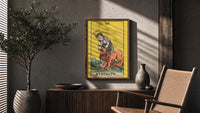 Strength poster framed above a fluted sideboard beside a potted tree