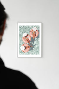 Three sun-hatted women floating in a turquoise pool on pastel pink inflatables print