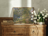 Sunlit garden path by cottage print in an oak frame on a farmhouse dresser beside white tulips