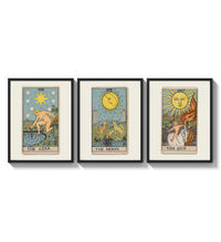 Three 1909 tarot cards three-panel set arranged as a triptych on a bright gallery wall