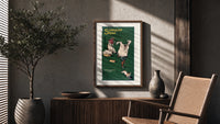 Boy playing with laundry, woman washing poster framed above a fluted sideboard beside an olive tree
