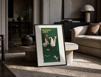 Boy playing with laundry, woman washing print in a black frame leaning on a travertine table in a sunlit lounge