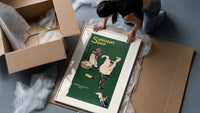 Boy playing with laundry, woman washing framed print being unpacked from protective bubble wrap and a box