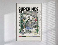Super Nintendo game console with controller poster in a slim frame on a bright wall with soft window light