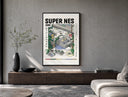 Super Nintendo game console with controller poster framed above a wood console in a concrete-wall living room
