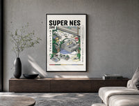 Super Nintendo game console with controller poster framed above a wood console in a concrete-wall living room