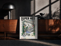 Black-framed Super Nintendo game console with controller print on a moody console with designer coffee-table books