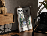 Walnut-framed Super Nintendo game console with controller print leaning against a sunlit rustic brick wall