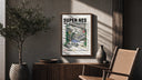 Super Nintendo game console with controller poster framed above a fluted sideboard beside an olive tree