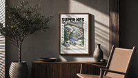 Super Nintendo game console with controller poster framed above a fluted sideboard beside an olive tree