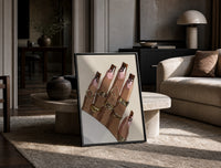 Swirl Manicure with a Heart Ring print on the floor, leaning against a travertine table