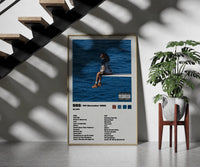 SZA SOS Album Tracklist framed print on a staircase entryway wall beside a plant
