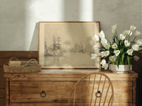 Sailing ships in a harbor print in an oak frame on a farmhouse dresser beside white tulips