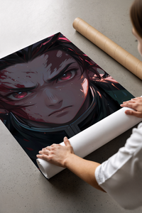 Anime boy with red eyes, bloodied face print laid flat in a styling flatlay