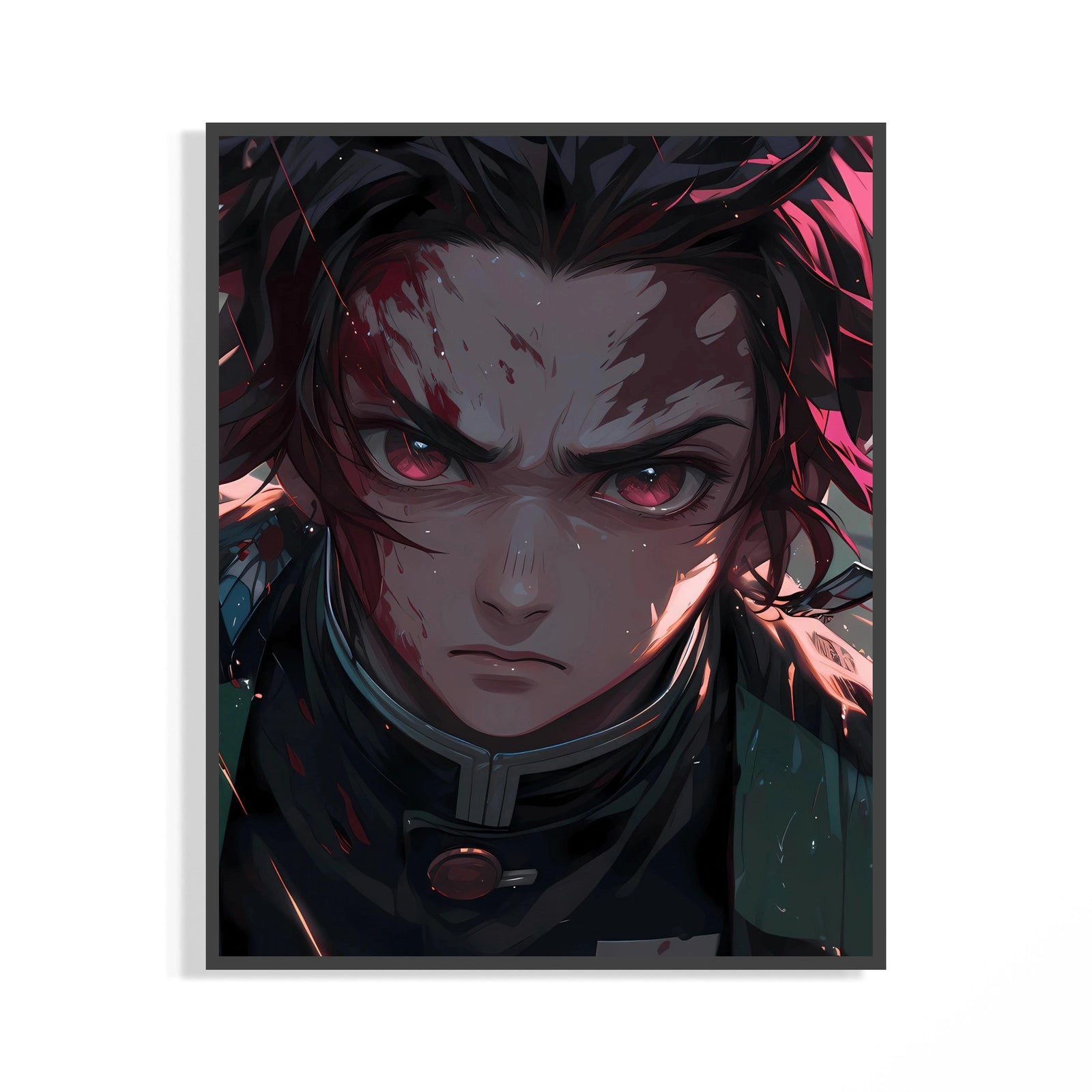Framed Anime boy with red eyes, bloodied face print displayed as a statement piece