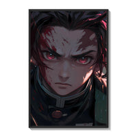 Anime boy with red eyes, bloodied face poster framed on a white gallery wall