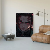 Anime boy with red eyes, bloodied face poster framed in a luxury living-room setting