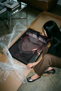 The Anime boy with red eyes, bloodied face poster shown across its range of print sizes