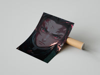 Anime boy with red eyes, bloodied face poster styled above furniture in a modern room