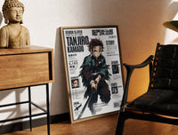 Brass-framed Anime boy wielding katana sword print leaning in a warm styled corner by a sculpture