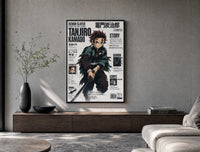 Anime boy wielding katana sword poster framed above a wood console in a concrete-wall living room