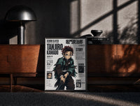 Black-framed Anime boy wielding katana sword print on a moody console with designer coffee-table books