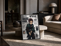 Anime boy wielding katana sword print in a black frame leaning on a travertine table in a sunlit lounge