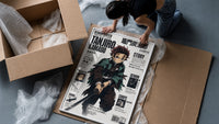 Anime boy wielding katana sword framed print being unpacked from protective bubble wrap and a box