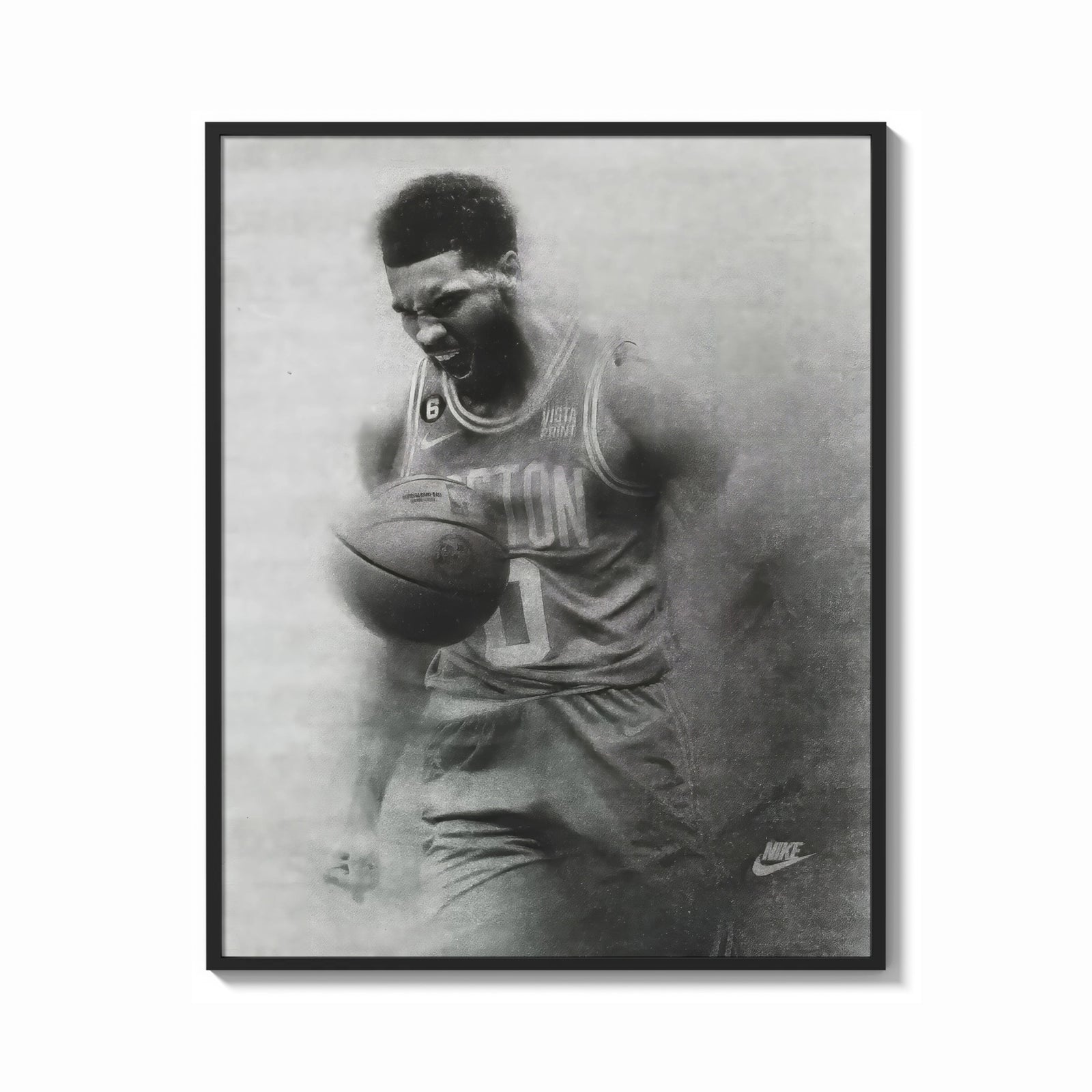 Framed Basketball player celebrating with ball print shown as a bold statement piece on a clean gallery wall