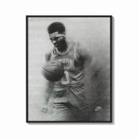 Framed Basketball player celebrating with ball print shown as a bold statement piece on a clean gallery wall